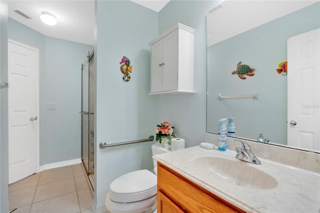 full bath with visible vents, toilet, a stall shower, tile patterned flooring, and vanity