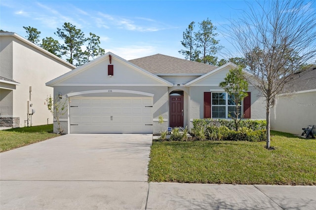 single story home featuring a front yard, roof with shingles, driveway, an attached garage, and stucco siding