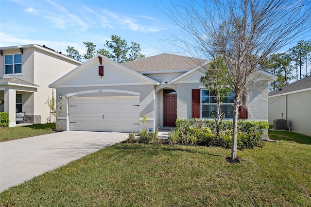 ranch-style home featuring central AC unit, an attached garage, stucco siding, concrete driveway, and a front lawn