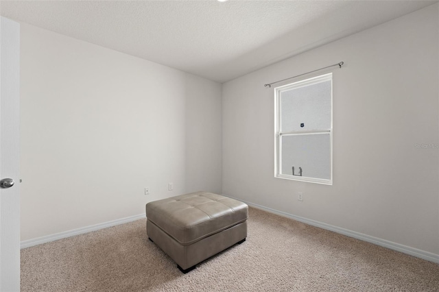 living area featuring a textured ceiling, baseboards, and carpet