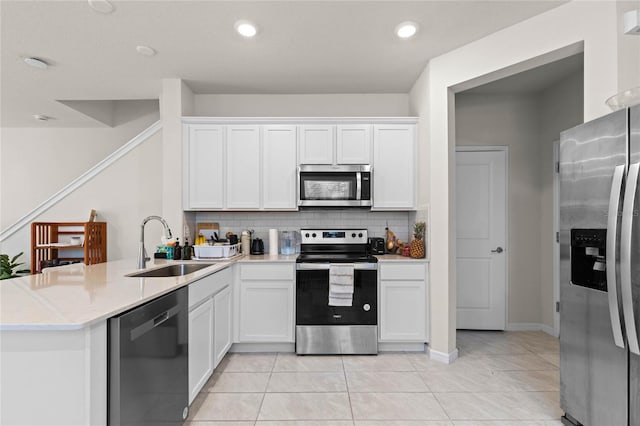 kitchen featuring a sink, a peninsula, white cabinets, and stainless steel appliances