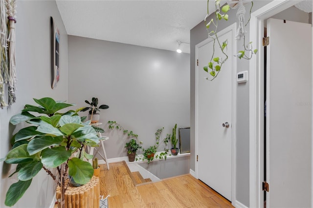 hall with track lighting, a textured ceiling, baseboards, and wood finished floors