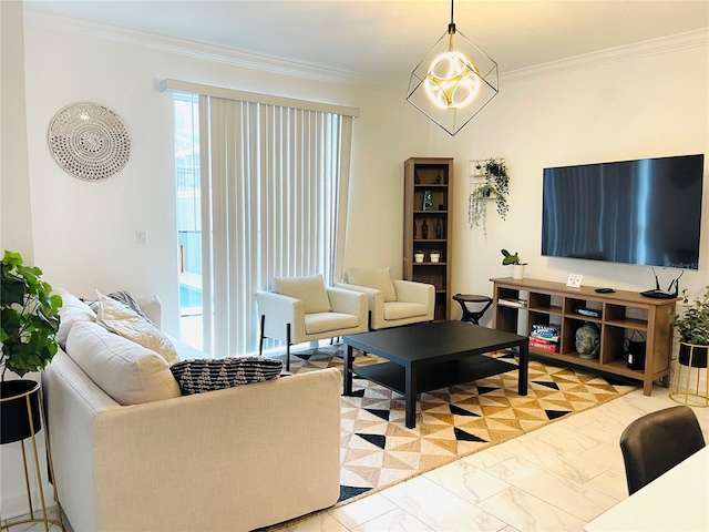 living room with marble finish floor and ornamental molding