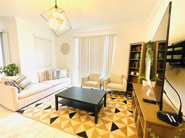 living area with a chandelier and ornamental molding