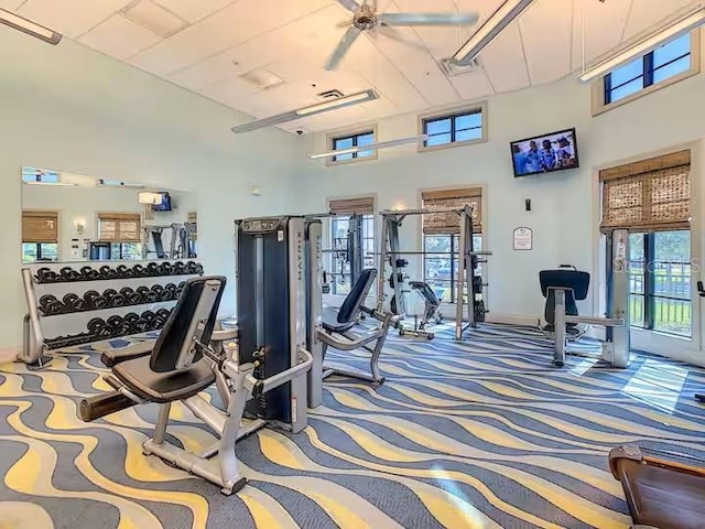 workout area featuring carpet flooring, a healthy amount of sunlight, and a towering ceiling