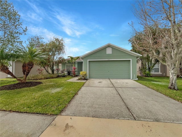 ranch-style home featuring a garage, driveway, a front lawn, and stucco siding