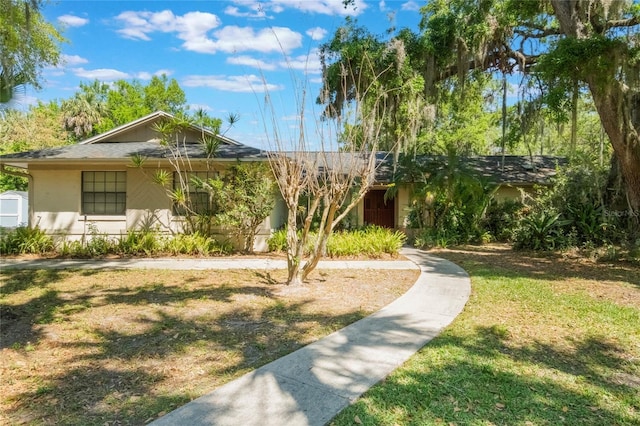 ranch-style home featuring stucco siding and a front lawn