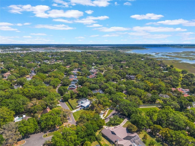 drone / aerial view featuring a wooded view and a water view