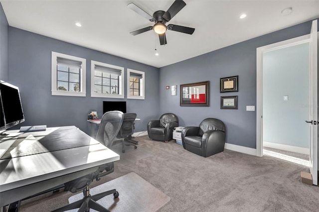 office area featuring recessed lighting, ceiling fan, baseboards, and carpet