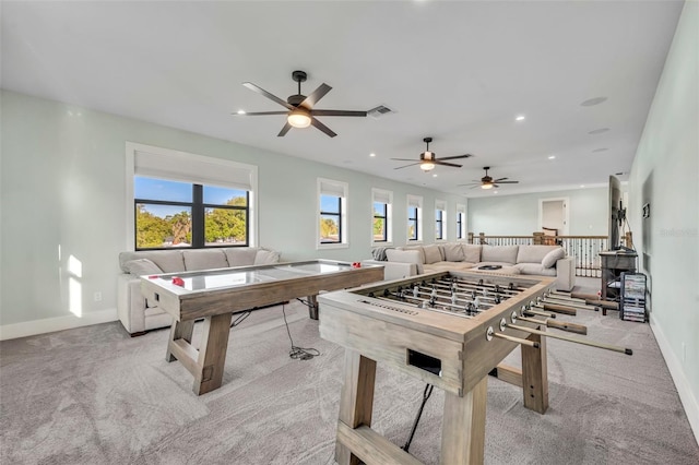 playroom featuring visible vents, recessed lighting, carpet floors, baseboards, and ceiling fan