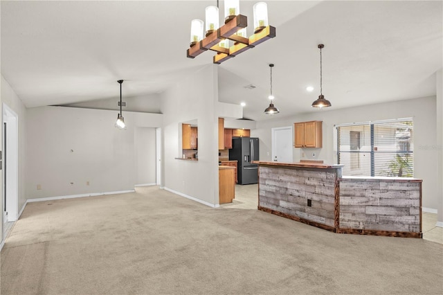 living room featuring baseboards, light colored carpet, and high vaulted ceiling