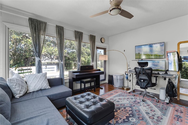 office with plenty of natural light, ceiling fan, and wood finished floors