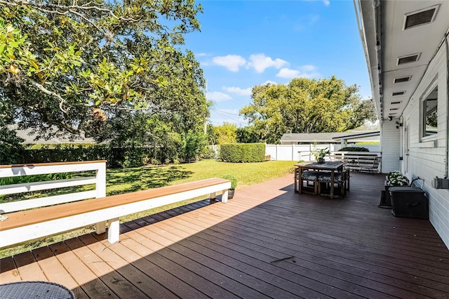 wooden terrace featuring a yard, outdoor dining space, and a fenced backyard