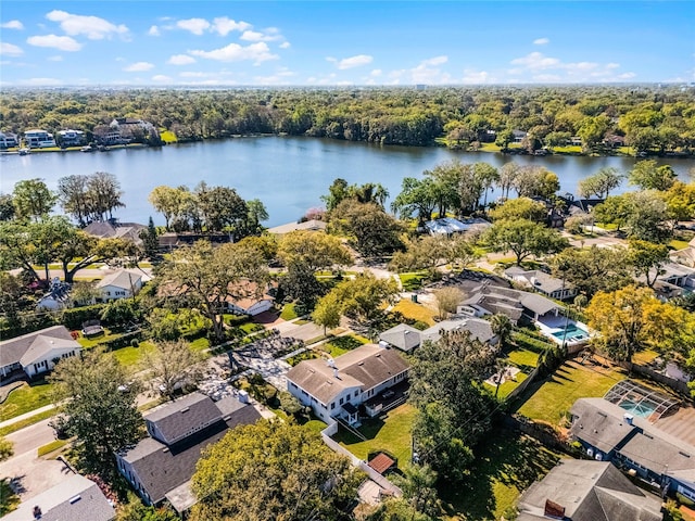 aerial view featuring a water view and a residential view