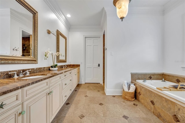 bathroom with a sink, crown molding, double vanity, baseboards, and a bath