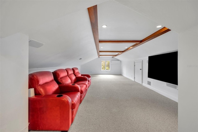 carpeted home theater room featuring recessed lighting, baseboards, and vaulted ceiling with beams