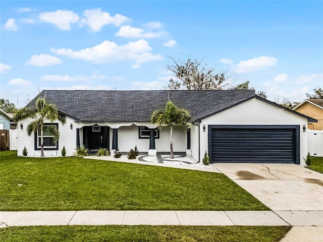 ranch-style house featuring stucco siding, driveway, fence, a front yard, and a garage