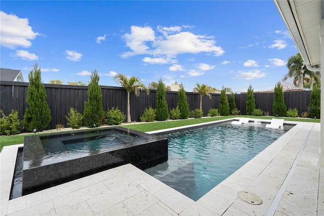 view of swimming pool featuring a fenced in pool, an in ground hot tub, and a fenced backyard