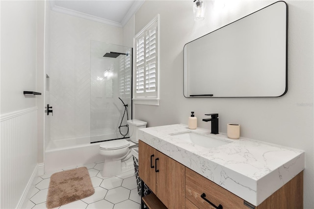 full bathroom with crown molding, toilet, shower / bath combination, wainscoting, and vanity