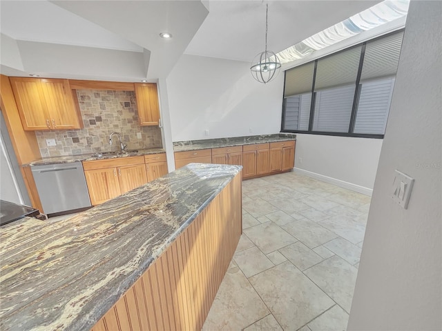 kitchen featuring stone counters, a sink, hanging light fixtures, stainless steel dishwasher, and tasteful backsplash