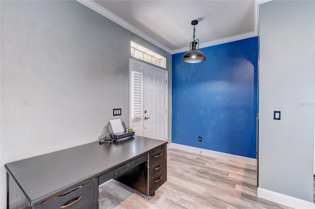 home office with crown molding, baseboards, light wood finished floors, and a textured ceiling