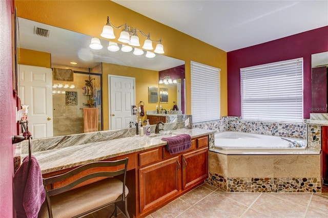 bathroom with vanity, visible vents, a tile shower, a garden tub, and tile patterned floors