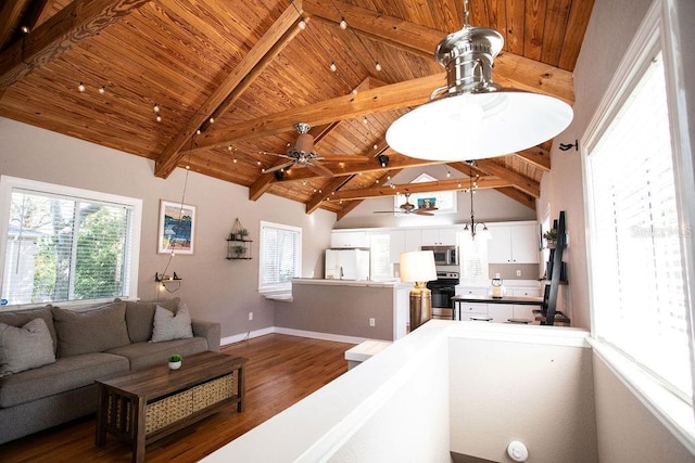 living room featuring dark wood finished floors, baseboards, wood ceiling, ceiling fan, and vaulted ceiling with beams