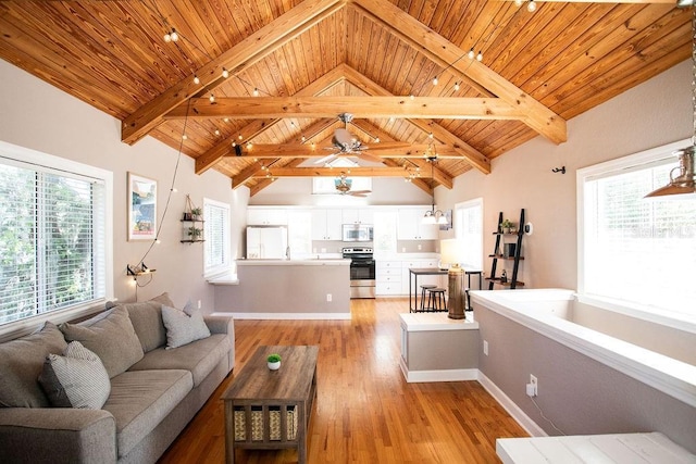 living room with beam ceiling, wood ceiling, and light wood-style floors