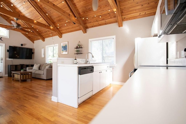 kitchen featuring white appliances, light wood-style flooring, and wood ceiling