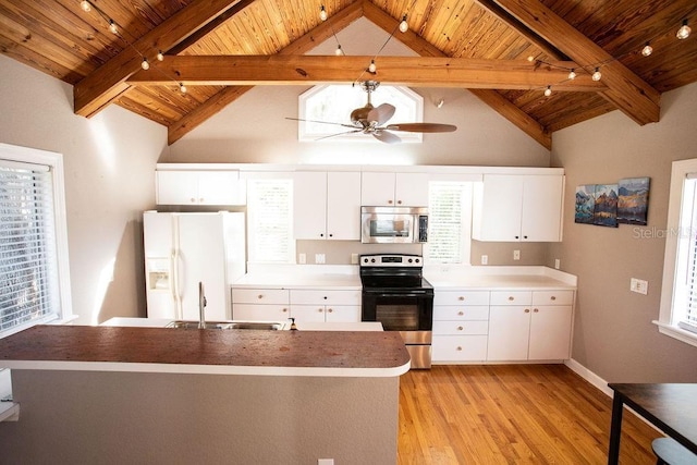 kitchen with wooden ceiling, light wood finished floors, appliances with stainless steel finishes, and a sink