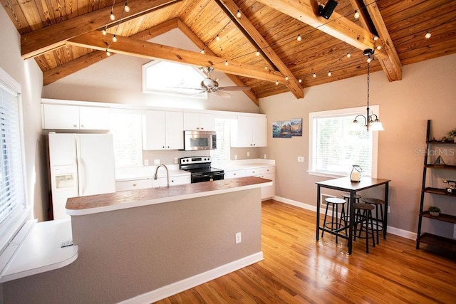 kitchen with light wood finished floors, ceiling fan with notable chandelier, appliances with stainless steel finishes, wooden ceiling, and white cabinets