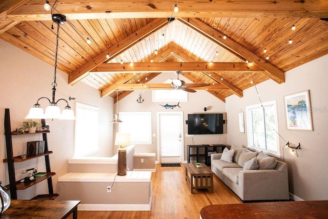 living area with baseboards, light wood finished floors, vaulted ceiling with beams, ceiling fan, and wooden ceiling