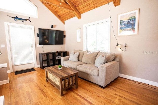 living room featuring baseboards, light wood-style floors, wood ceiling, and vaulted ceiling with beams