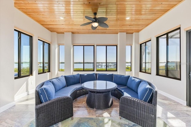 living room featuring ceiling fan, wood ceiling, and baseboards