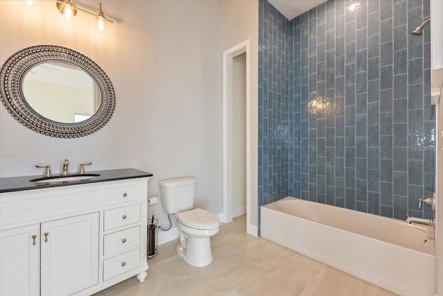 full bathroom with toilet,  shower combination, tile patterned flooring, baseboards, and vanity