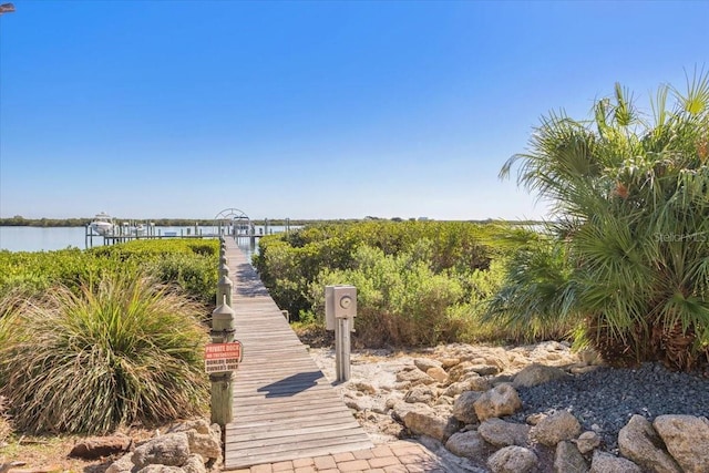 surrounding community featuring a water view and a dock