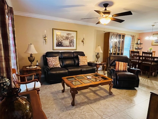 living room featuring light tile patterned floors, ceiling fan with notable chandelier, and crown molding