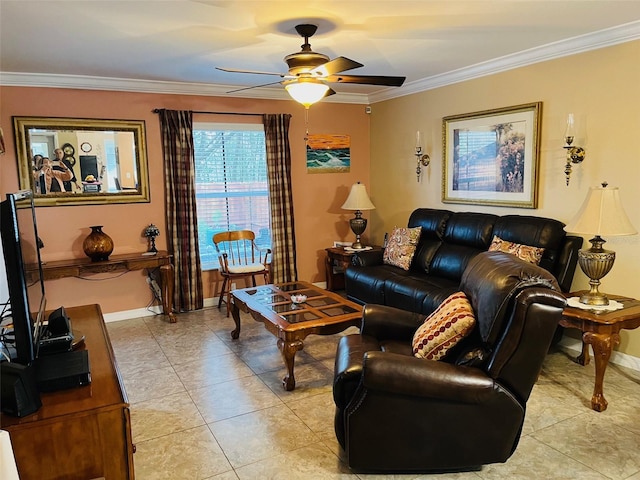 living room with light tile patterned flooring, a ceiling fan, baseboards, and ornamental molding