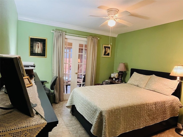 bedroom with access to exterior, crown molding, ceiling fan, light tile patterned floors, and french doors