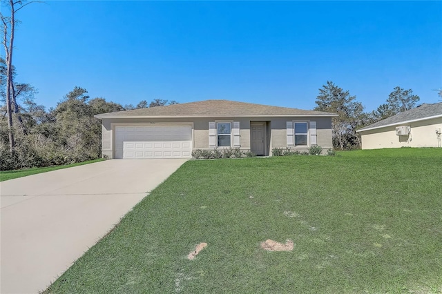 ranch-style house with stucco siding, a garage, concrete driveway, and a front yard