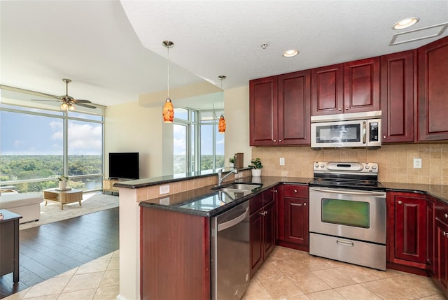 kitchen featuring a healthy amount of sunlight, a sink, appliances with stainless steel finishes, reddish brown cabinets, and backsplash