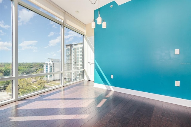 empty room featuring plenty of natural light, wood finished floors, baseboards, and expansive windows