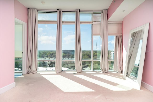 empty room with a wall of windows, baseboards, and carpet floors