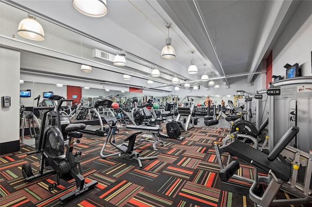 gym featuring carpet flooring and visible vents