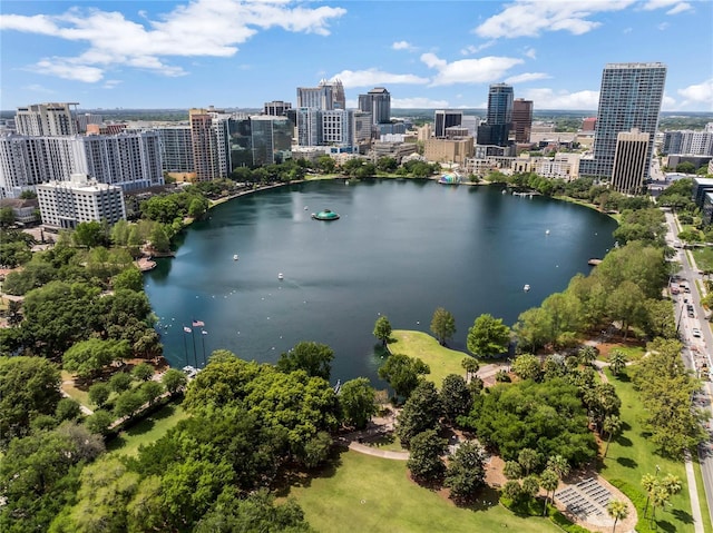 birds eye view of property featuring a water view and a city view