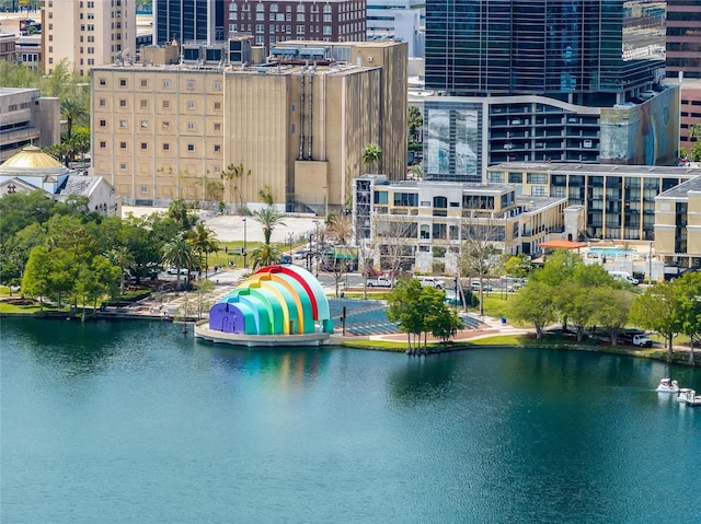 drone / aerial view with a water view and a view of city