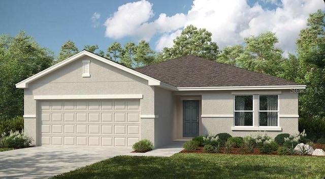 single story home with concrete driveway, a front yard, roof with shingles, stucco siding, and a garage