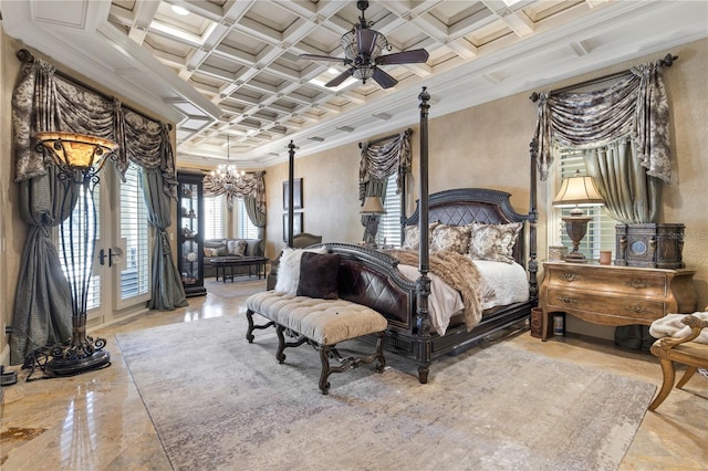 bedroom with crown molding, access to outside, a notable chandelier, and coffered ceiling