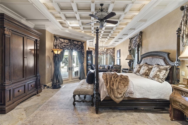 bedroom featuring beamed ceiling, ornamental molding, french doors, coffered ceiling, and access to outside