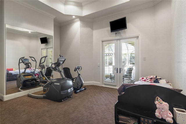 workout room with carpet, baseboards, french doors, crown molding, and a textured wall